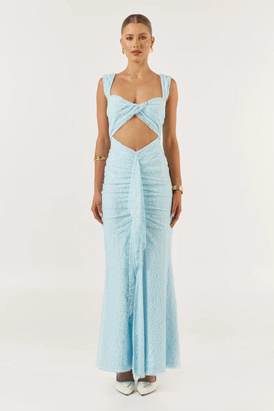 She is OLLÁ Imogen Midi Dress - Baby Blue Lace